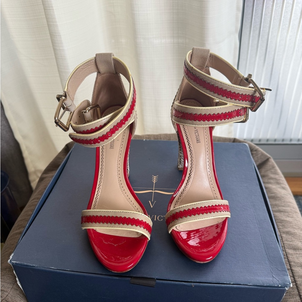 Pour La Victoire Red and Beige Strappy Heels